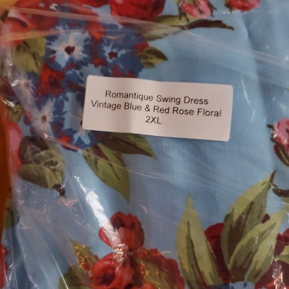 Vixen by Micheline Pitt Romantique Swing Dress in Blue & Red Rose Print Size 2x - Picture 3 of 3